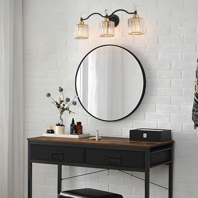 Éclairage pour salle de bain 3 lumières en verre cristal, Noir mat / Or