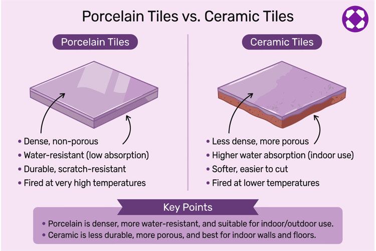 Porcelain vs ceramic tile infographic showing a dense non-porous porcelain tile and a more porous ceramic tile comparing density, water resistance, durability, and ideal indoor or outdoor uses for flooring and walls