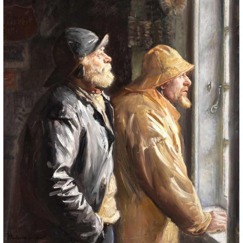 «Two Fishermen at the Shop Window» par Michael Ancher - Art mural sur toile tendue avec châssis, H 24 po x l 17 po