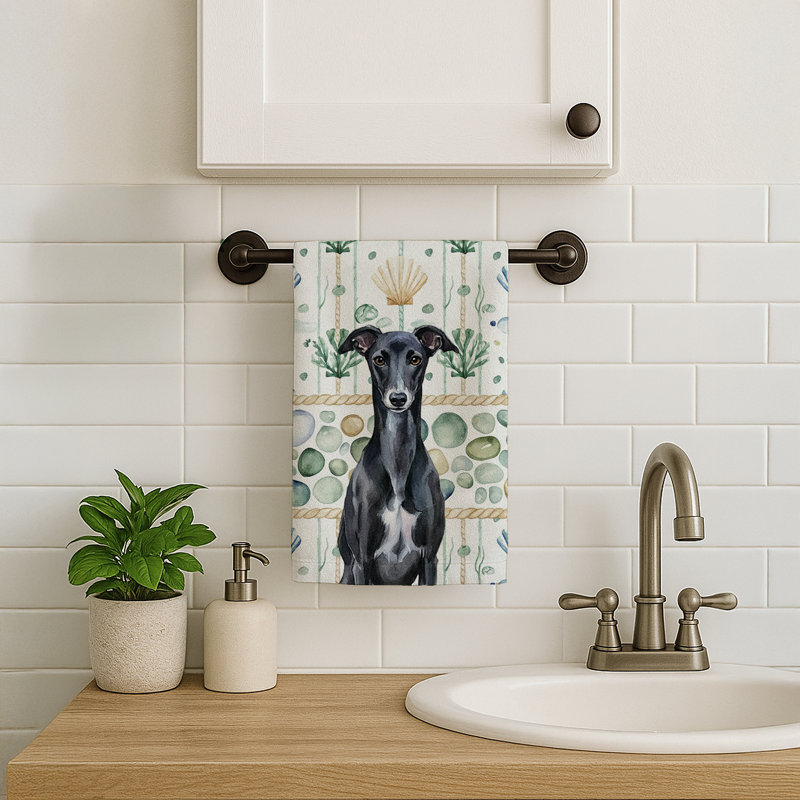 Black Whippet Coastal Sea Glass Kitchen Towel, Black Whippet