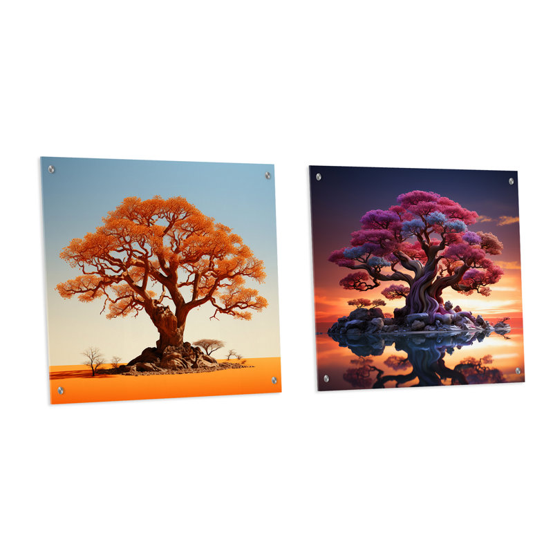 «African Baobabs Stand» - ensemble de 2 art mural en verre baobab, H 16 po x l 33 po