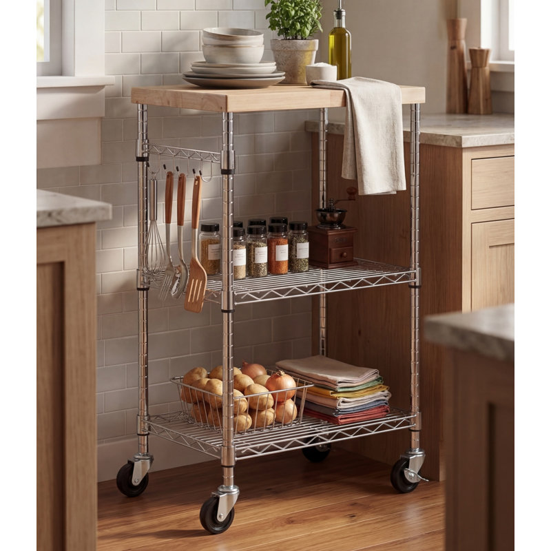 Support de cuisine à trois niveaux avec roulettes et deux tablettes réglables, capacité de 175 lb, dimensions 21,2 po x 15,1 po x 36,8 po, finition en bois chromé.