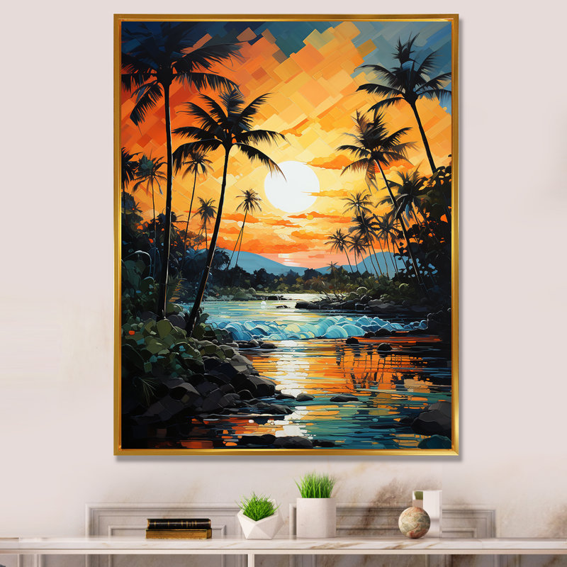 Palmiers, pointillisme tropical V - art mural sur toile florale, H 32 po x l 16 po x P 1 po, Cadre flottant doré