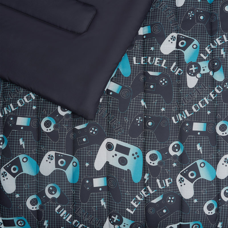Twin Gray and Aqua Reversible Gaming Microfiber Comforter Set