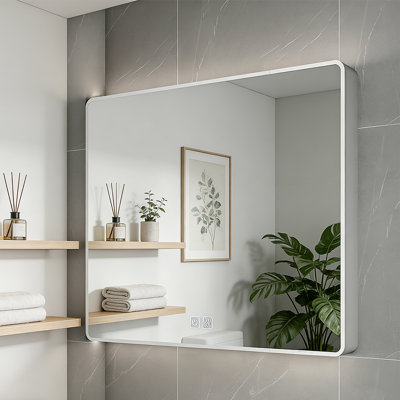 Elin 35 In. W X 28 In. H Large Rectangular Surface Mount 3 Colours LED Light Medicine Cabinet With Mirror With Defogging Function With Cosmetic Storage Rack And Hair Dryer Holder In Grey
