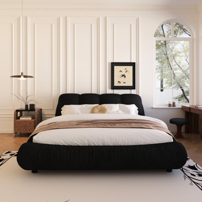 Lit plateforme tapissier de luxe noir, grand lit, avec tête de lit rembourrée surdimensionnée et tissu lisse noir, tête de lit coussinée, aucun sommier tapissier nécessaire