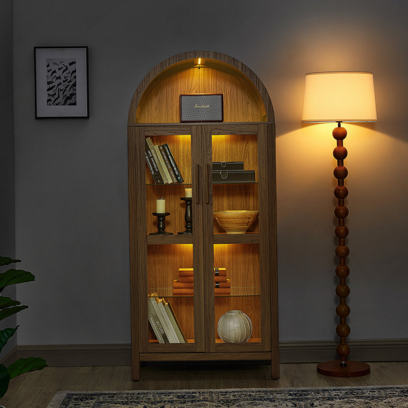 Arched Storage Cabinet With One Lamp, Wooden Storage Cabinet For Kitchen, Living Room, Office, Brown