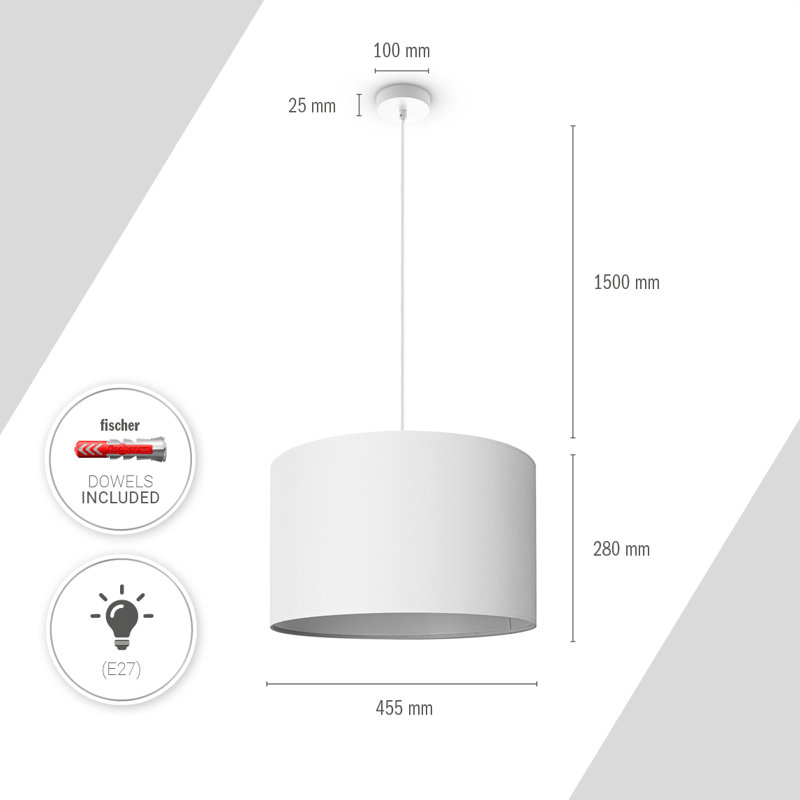 Drum pendant lamp 1-light Ishmeal, White, 27cm H x 45.5cm W x 45.5cm D, White