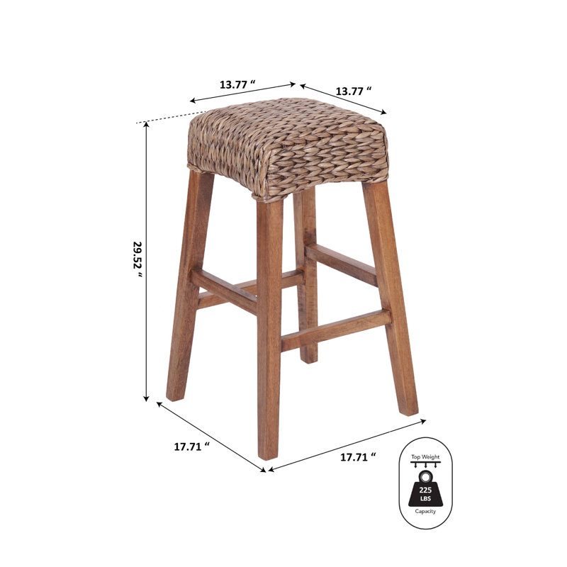 Maui Coastal 30" Woven Water Hyacinth Backless Bar Stool, Solid Mango Wood Frame with Integrated Footrest for Kitchen Island, Brown Wash