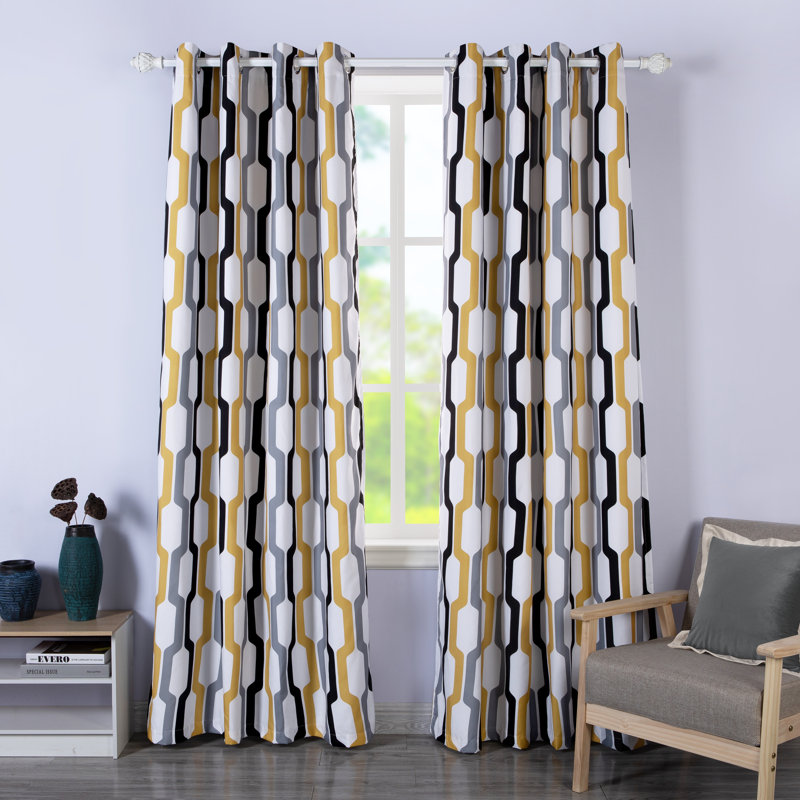 Ginder Room Darkening Thermal Window Curtains with Grommets and a Geometric Pattern, 52" W x 84" L, Gold/White