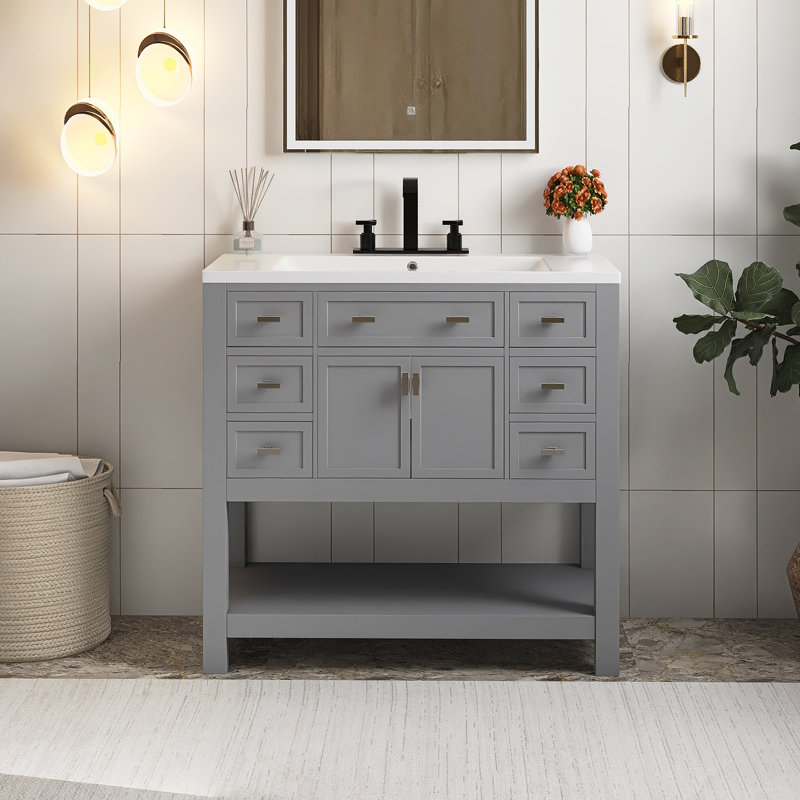 36'' Freestanding Bathroom Vanity With Top Sink, Grey