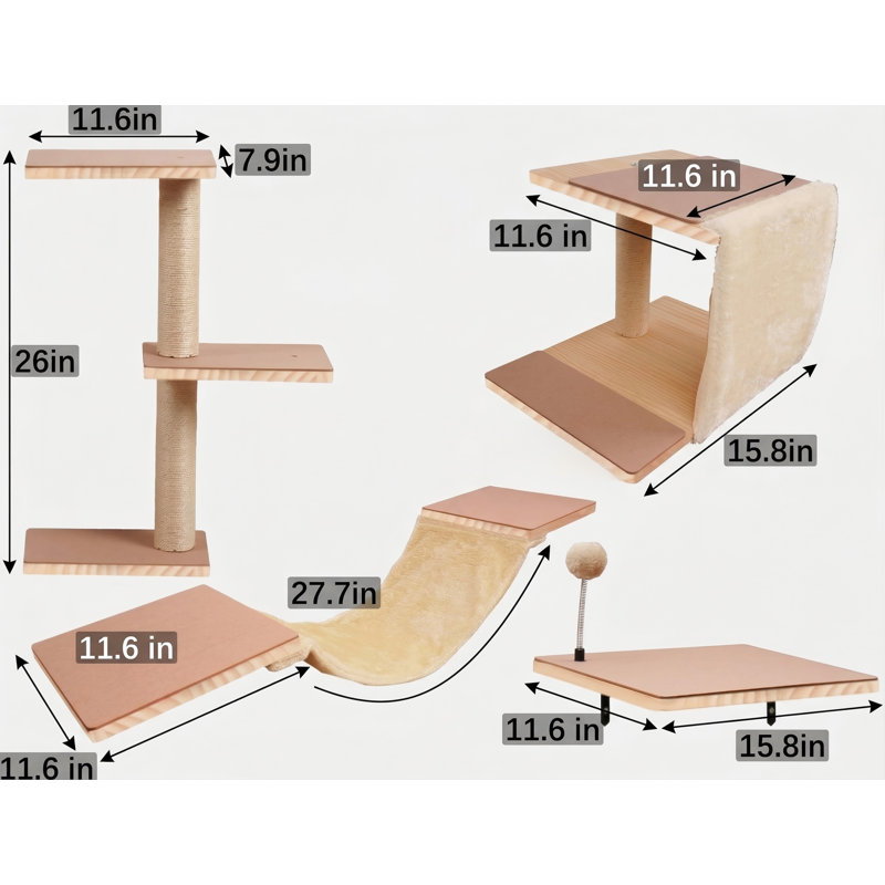 Étagères à chat pour mur, meubles muraux en bois massif avec poteau à griffer, hamac, planches à sauter, marches, condo, beige