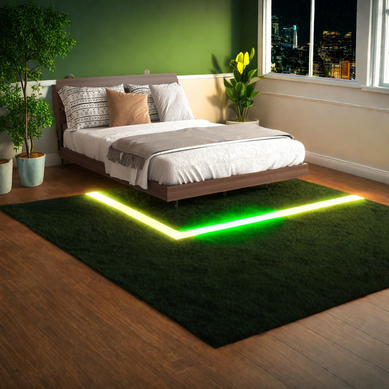 Grand lit moderne en noyer avec rangement à DEL, aucun sommier nécessaire