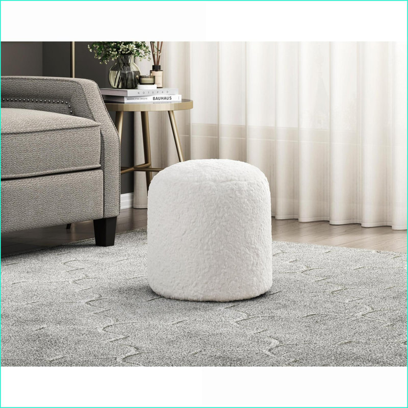 Repose-pieds avec repose-pieds antidérapant de 16 po de diamètre x H 17 po | Blanc cassé | Fausse fourrure