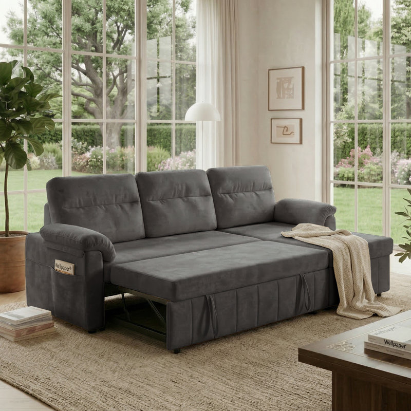 84'' Upholstered Sleeper Sofa L Shape Sofa Bed With Storage and USB, Dark Gray