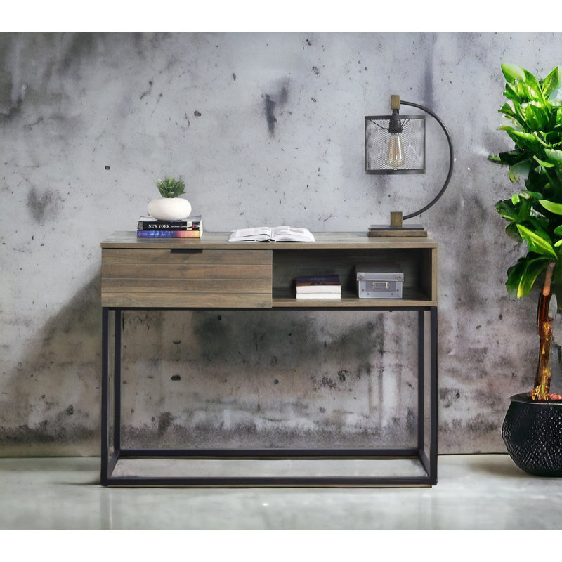 Bureau d'écriture rustique en chêne et noir avec tiroir et tablette
