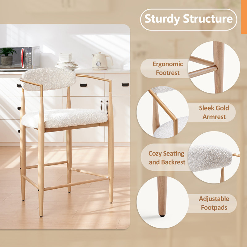Velora 4-Piece Modern Bar Stool Set With Wood Grain Metal Legs And Upholstered Seats, Yes