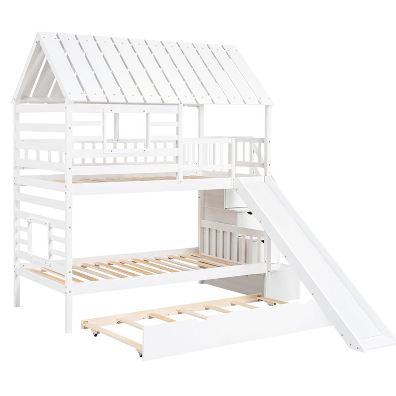 Lit superposé simple avec lit gigogne, espace de rangement et fenêtre de toit charmante - caractéristique adorable blanche