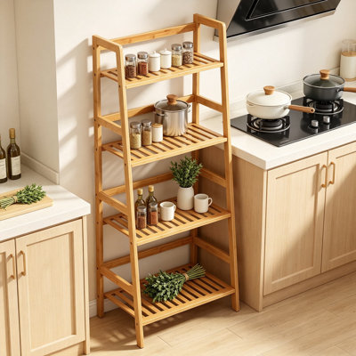 Étagère rustique à 4 niveaux en bambou massif, bibliothèque autoportante, meuble de rangement pour salon, cuisine, bureau, support à plantes multifonctionnel, finition naturelle