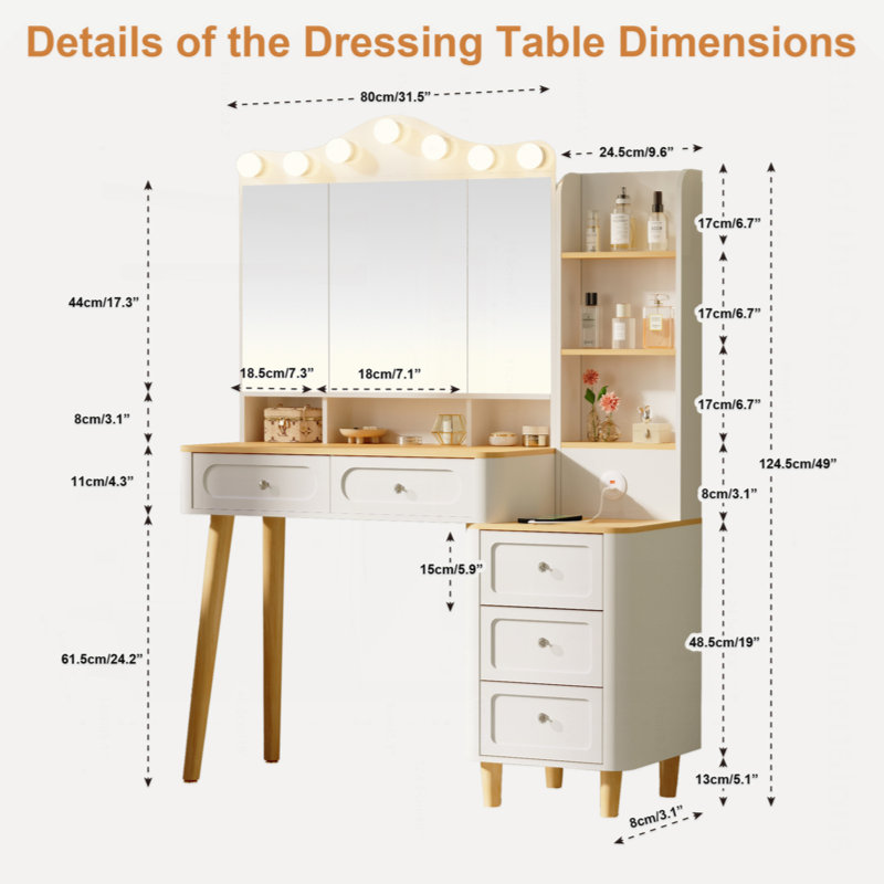 Vanity Desk With Mirror And Lights,Makeup Vanity With 2 USB Power Strip,Vanity Set With Two Drawers And Three-Drawer Chest, 3 Lighting Modes Adjustable Brightness, Foldable Three-Sided Mirror(White)