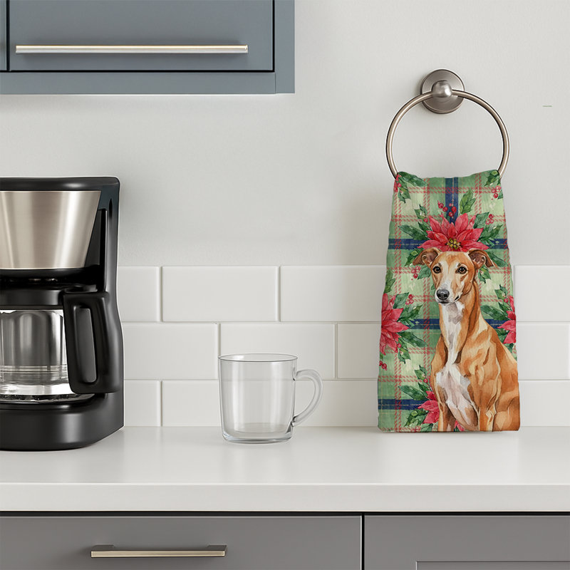 Red Greyhound Christmas PoinsettIas Kitchen Towel, Red Greyhound