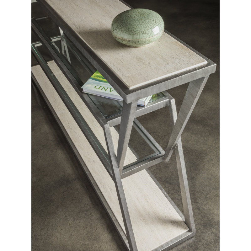 Adamo Silver and Beige Metal Glass Console Table with Storage