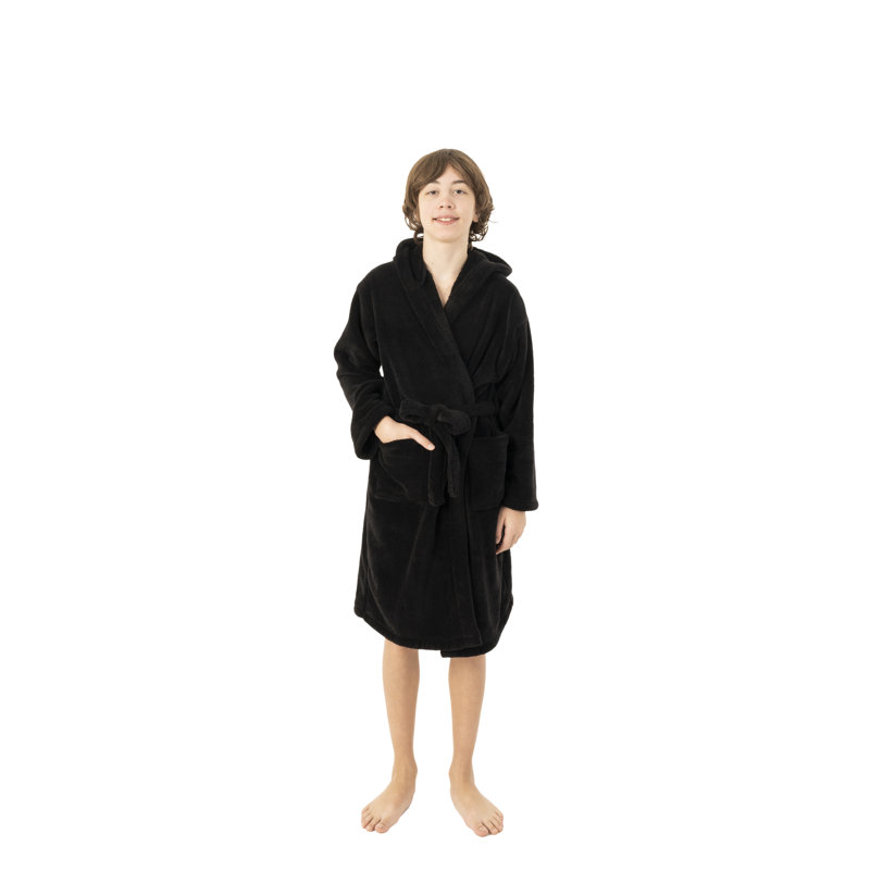Peignoir 100% microfibre en molleton avec poches et capuche pour les enfants, L, Noir