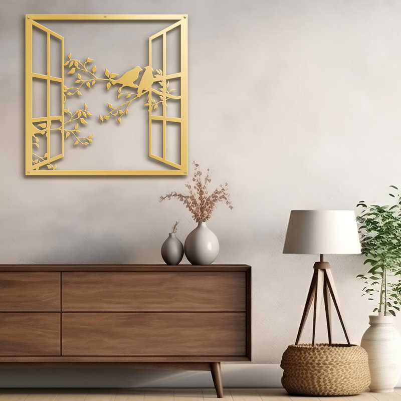 Silhouette d'oiseau sur une branche, décoration murale abstraite, décoration murale, H 17,46 po x l 18 po x P 0,05 po, Doré