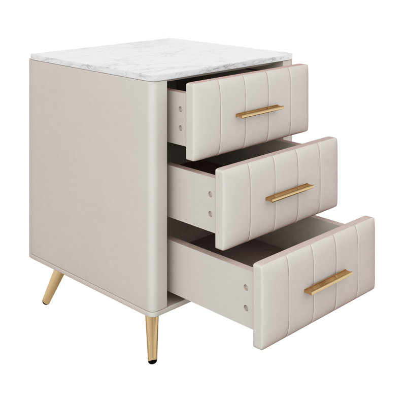 Table de chevet moderne rembourrée avec 3 tiroirs de rangement, pieds en métal et surface autocollante en marbre, Beige