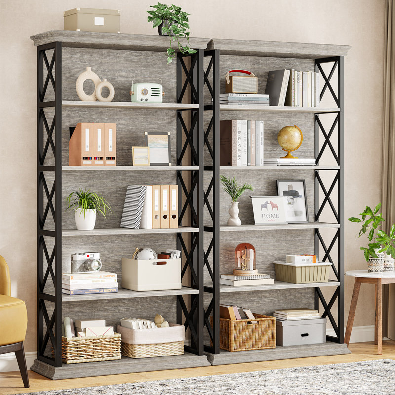 71" Etagere Bookshelf Set, 5-Shelf Industrial Bookcase For Home Office, Living Room, Gray/Black, 2