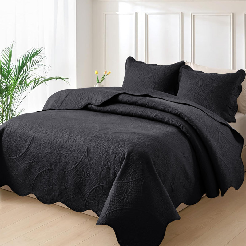 Ensemble de couvre-lit à motif floral en relief - Literie douce en microfibre légère avec taies décoratives, Noir