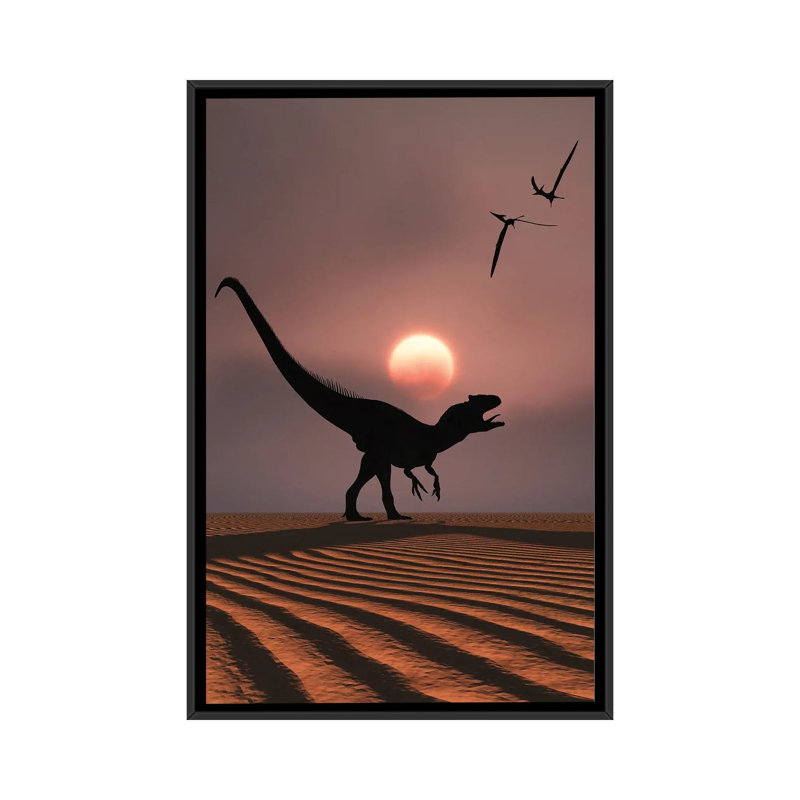 An Allosaurus Dinosaur Calling Out Against A Jurassic Sky by Mark Stevenson - Floater Frame Print on Canvas, Black Framed