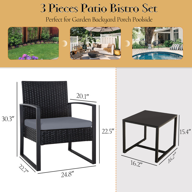 3 Piece Outdoor Patio Convensation Set, All-Weather Rattan Balcony Furniture Set, Gray, Black
