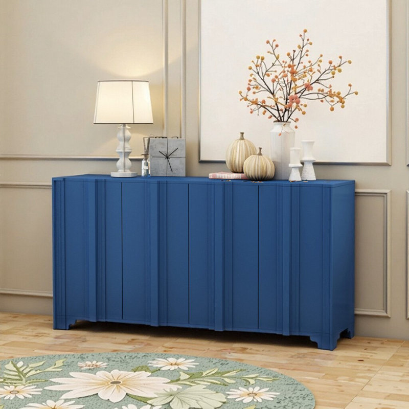 Buffet en placage de pin bleu marine à 4 portes avec incrustations linéaires - Buffet pour le salon et le vestibule, Marine