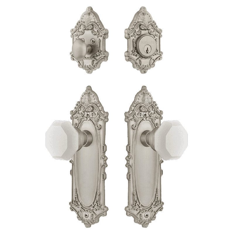 Ensemble d'entrée victorienne Nostalgic Warehouse avec bouton en cristal Waldorf blanc, Nickel satiné, 2.375