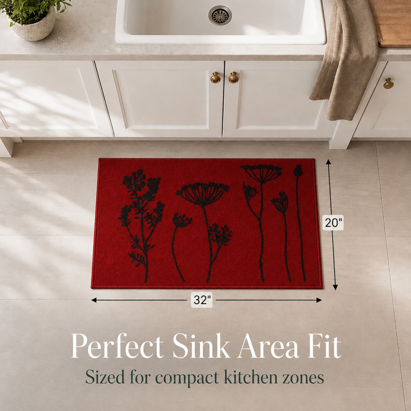 Wildflowers Kitchen Mat Wool Effect Comfort Mat, Red/Black