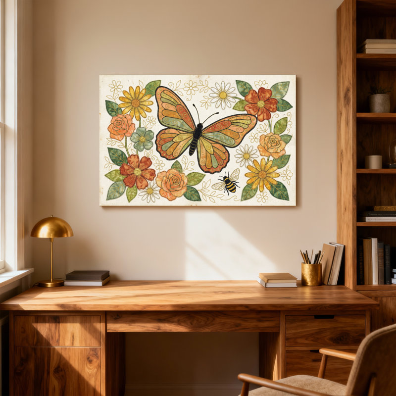 Animaux, papillon, abeille, fleurs, feuilles, motif de jardin, conception artistique, H 28 po x l 40 po