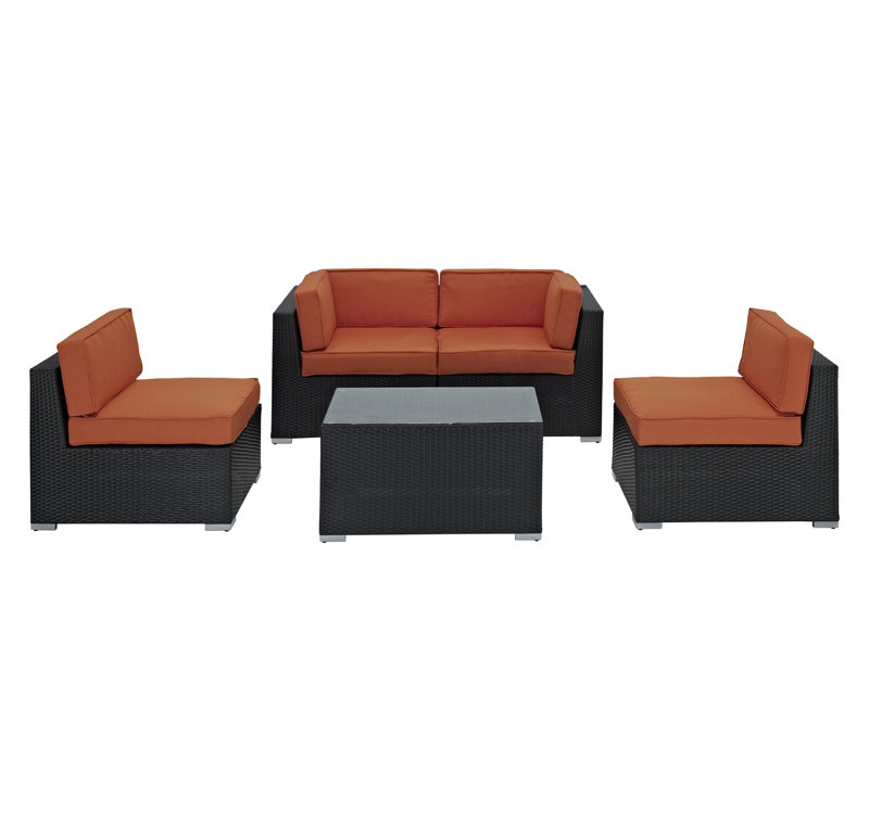 Ensemble de canapé en rotin 5 pièces avec coussins Delight, Orange