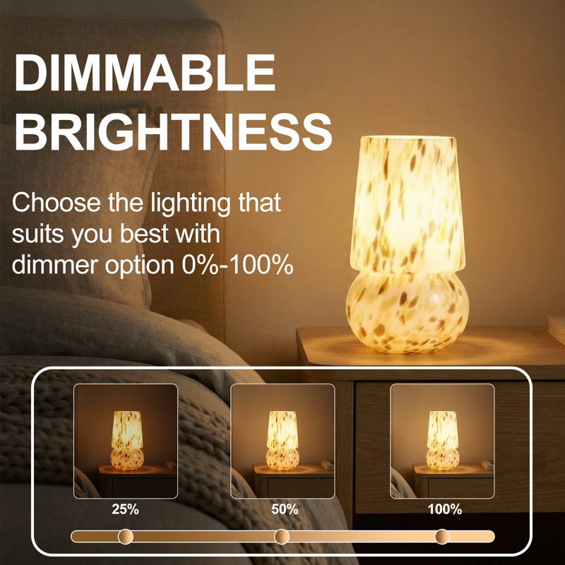 9.8'' Handcrafted Ambient Glass Mushroom Table Lamp with Dimmable Switch and E12 Lamp Holder, cULus Certified for Bedroom Nightstands, Living Room Side Tables, Home Offices Desks or Contemporary Decor