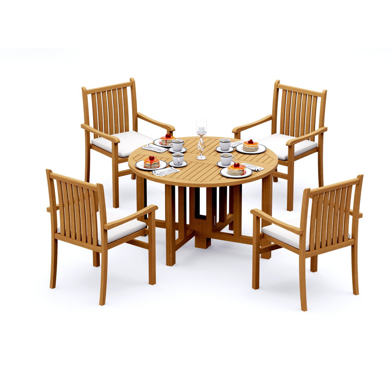 3 Seats 4 Pcs Grade-A Teak Wood Dining Set: 48" Round Butterfly Table And 3 Cahyo Stacking Arm Chairs #11CH0903, 4