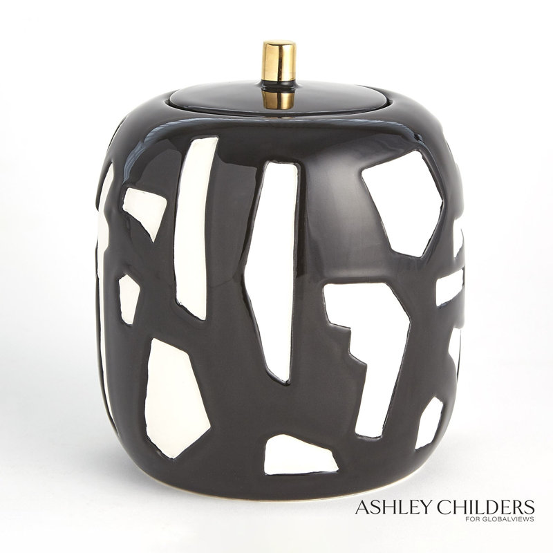 Abstract Jar-White/Black-Lg, Black, 7.25" H x 6.25" W X 6.25" D