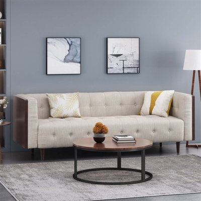 Charming 3-Seater Sofa with Button-Tufted Waffle Stitching, Mid-Century Charm, and Durable Rubberwood Frame for Modern Living.