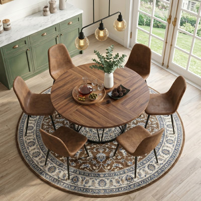 Ensemble de table de salle à manger de 47 po pour 6, 7 pièces, table de cuisine industrielle moderne et chaises avec plateau en faux grain de bois et chaises en faux suède, base piédestal géométrique en métal noir
