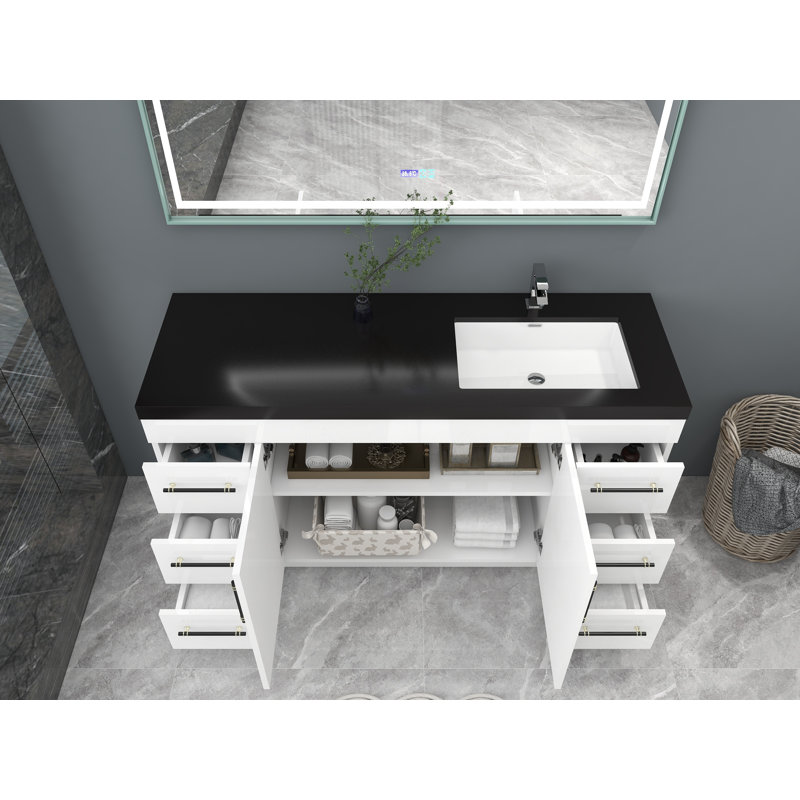 60'' Single Bathroom Vanity with Plastic Top, High Gloss White, Matte Black