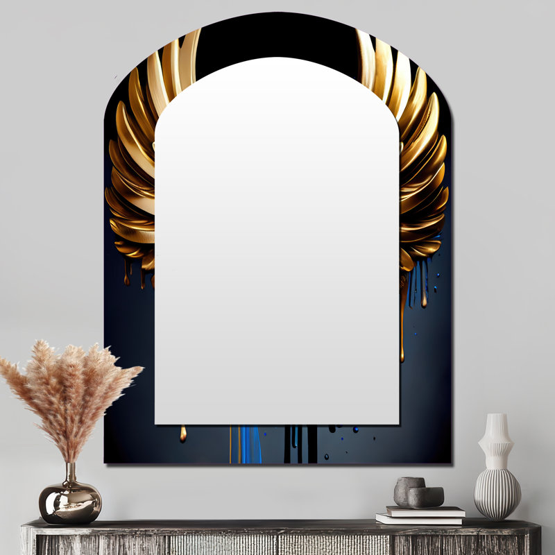Blue And Gold Angel Wings III - Wings Angel Asymmetrical Decorative Wall Mirror, Modern Arch Mirror, Printed Metal Art