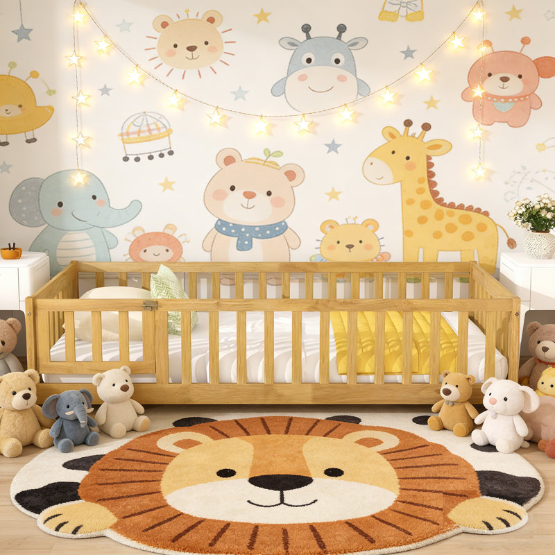 Twin Size Solid Wood Floor Bed for Toddler Bed Transition With Fence And Door Included, Natural