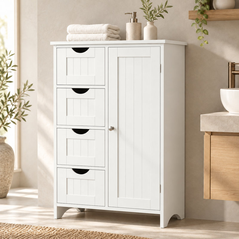 Freestanding Bathroom Storage Cabinet, Narrow Storage Organizer with 4 Drawers & Single Door Cabinet, Vertical Floor Cabinet for Bathroom, Living Room, Entryway