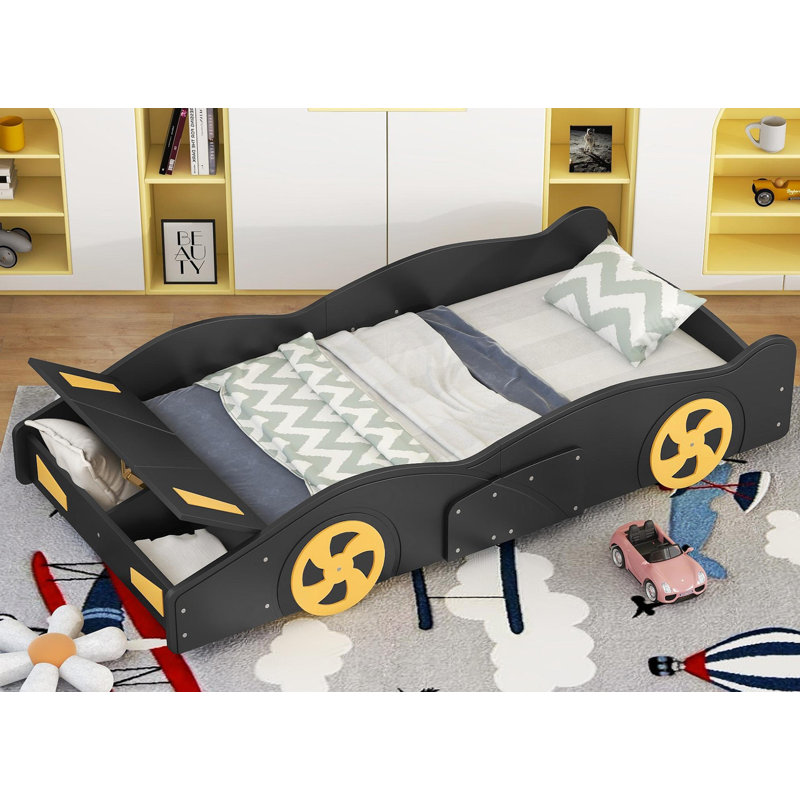 Lit plateforme simple en forme de voiture de course simple avec rangement, Lit simple, Noir