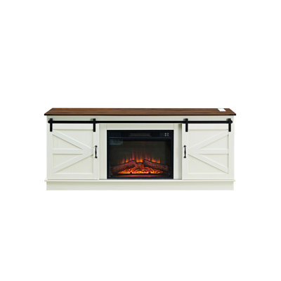 Farmhouse Style TV Stand With 23-Inchfireplace For 65/70/75-Inchtv With Outlets In A Modern Entertainment Center Design With Sliding Barn Doors