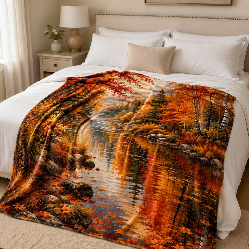 Couverture automnale motif forêt et rivière, couleurs d'automne éclatantes, imprimé boisé, jeté douillet en peluche pour canapé, lit et décoration intérieure